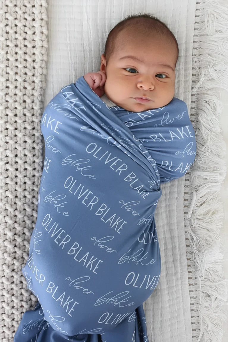 Personalized Steel Blue Baby Name Swaddle Blanket | Block Script - Image 3