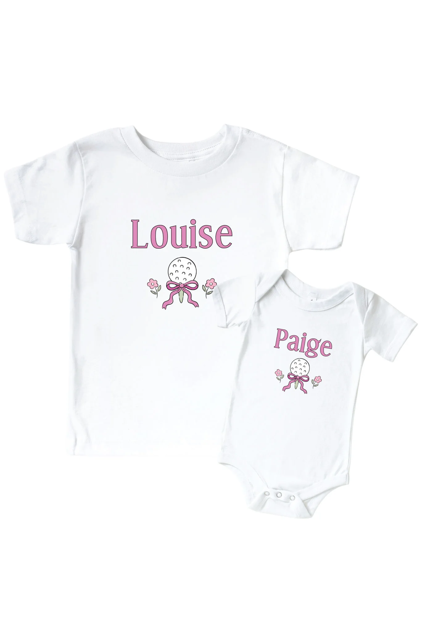 Personalized Caddie Crew Pink Graphic Bodysuit & Kids Tee | White