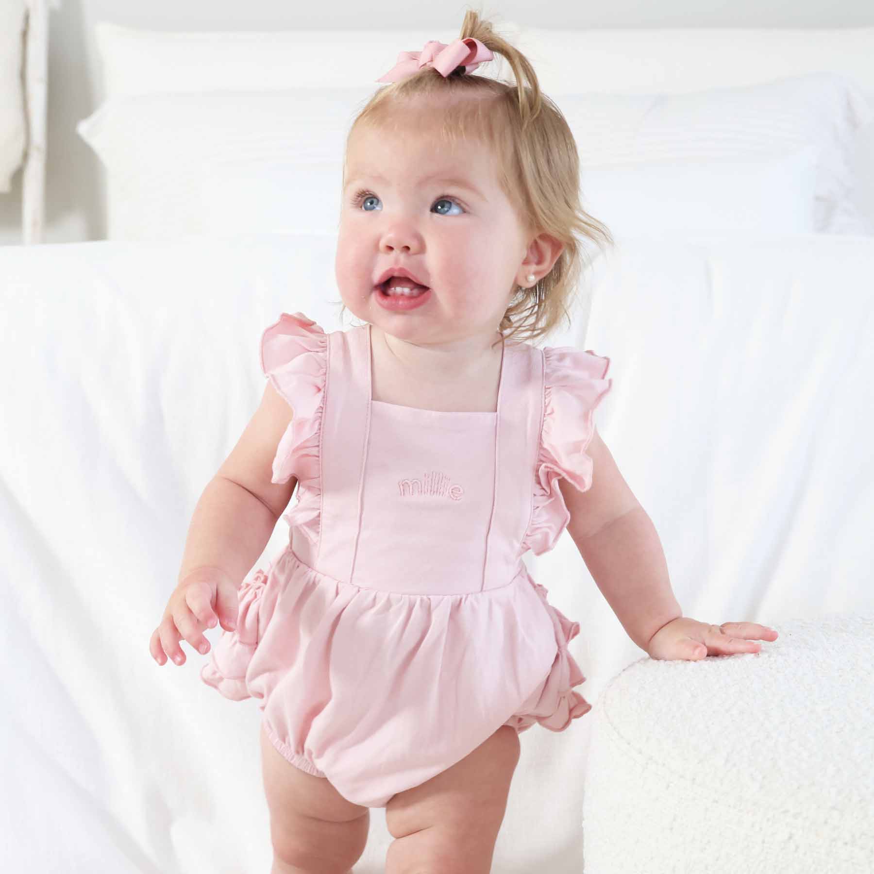 Embroidered Cross Back Ruffle Bubble Romper - Image 10