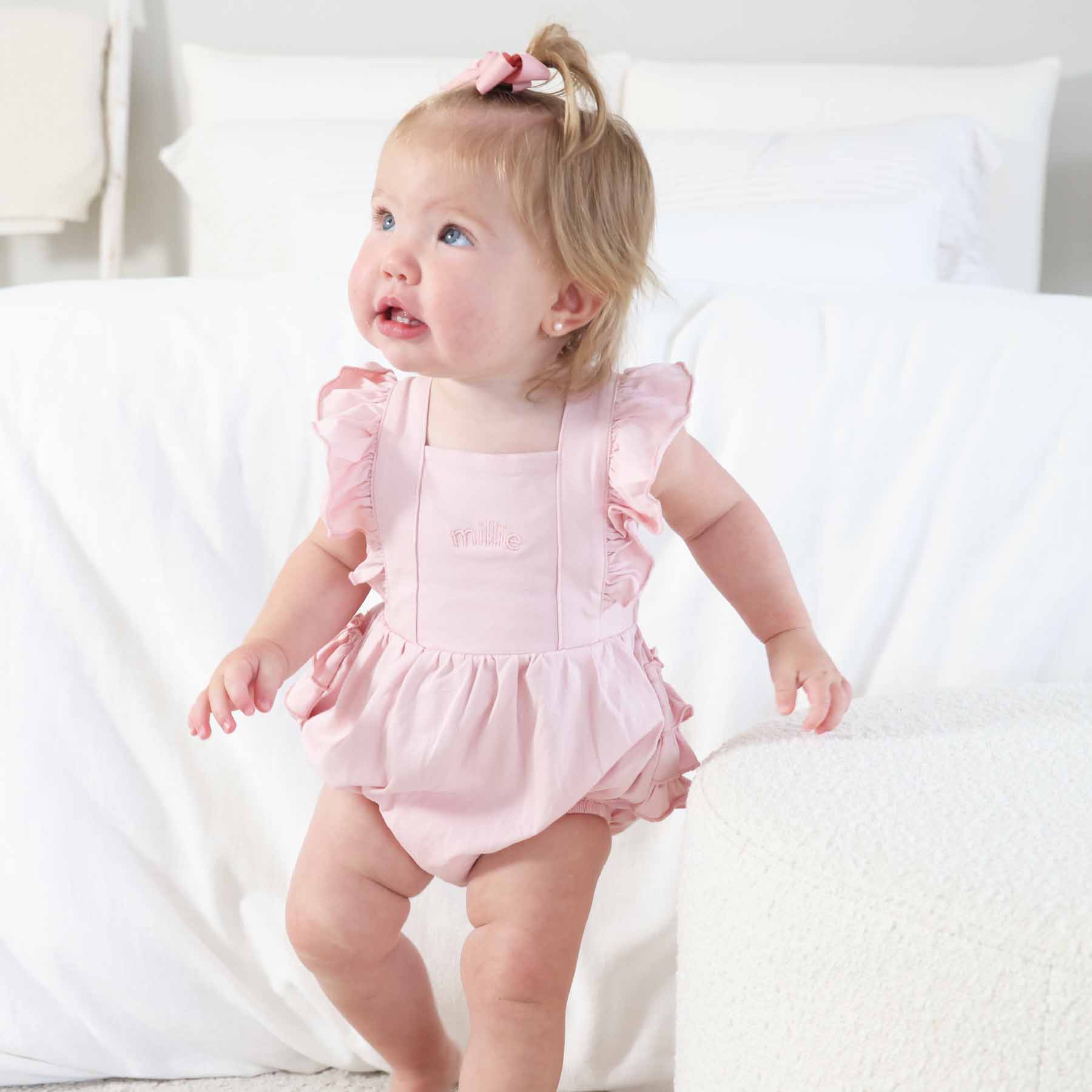 Embroidered Cross Back Ruffle Bubble Romper - Image 12