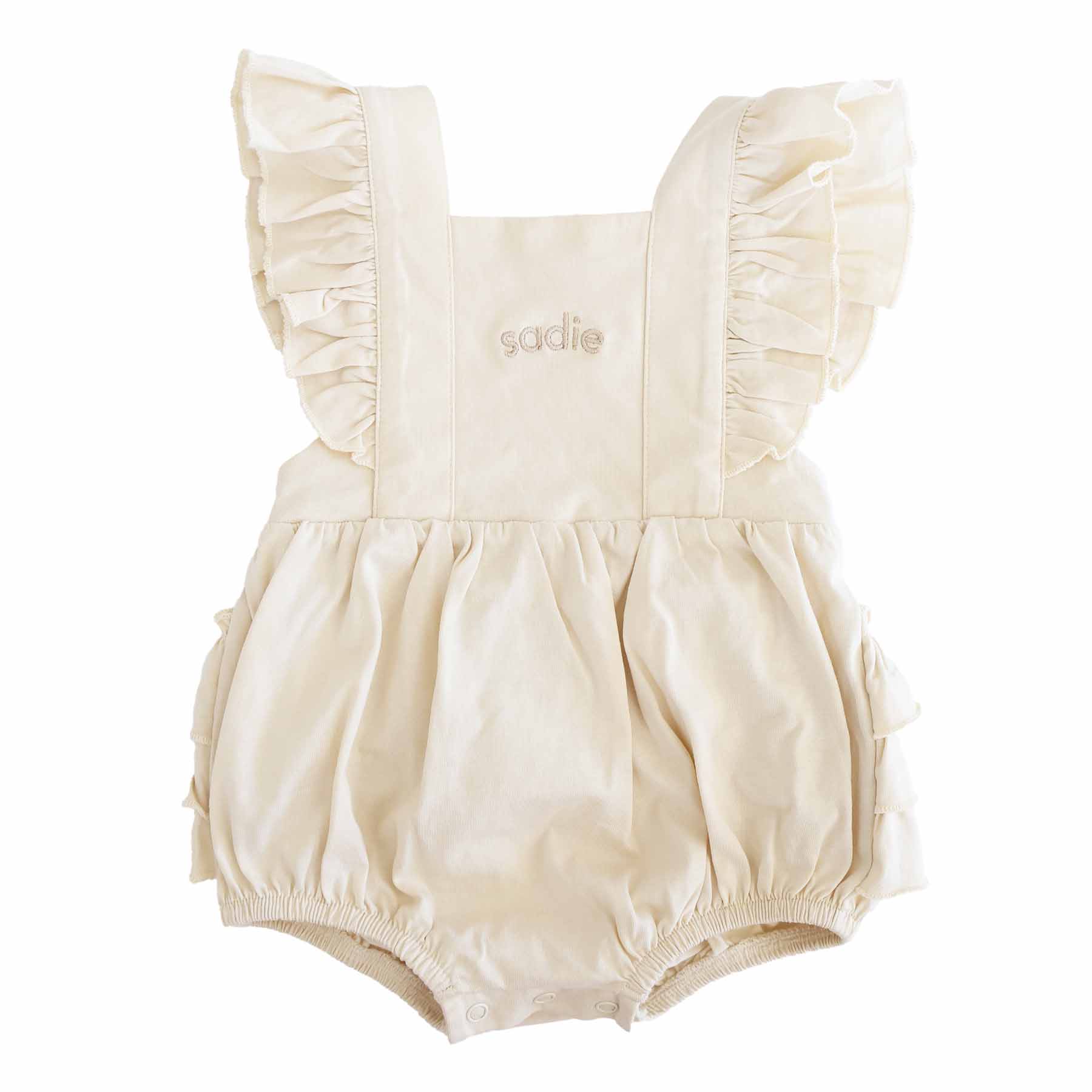 Embroidered Cross Back Ruffle Bubble Romper - Image 3
