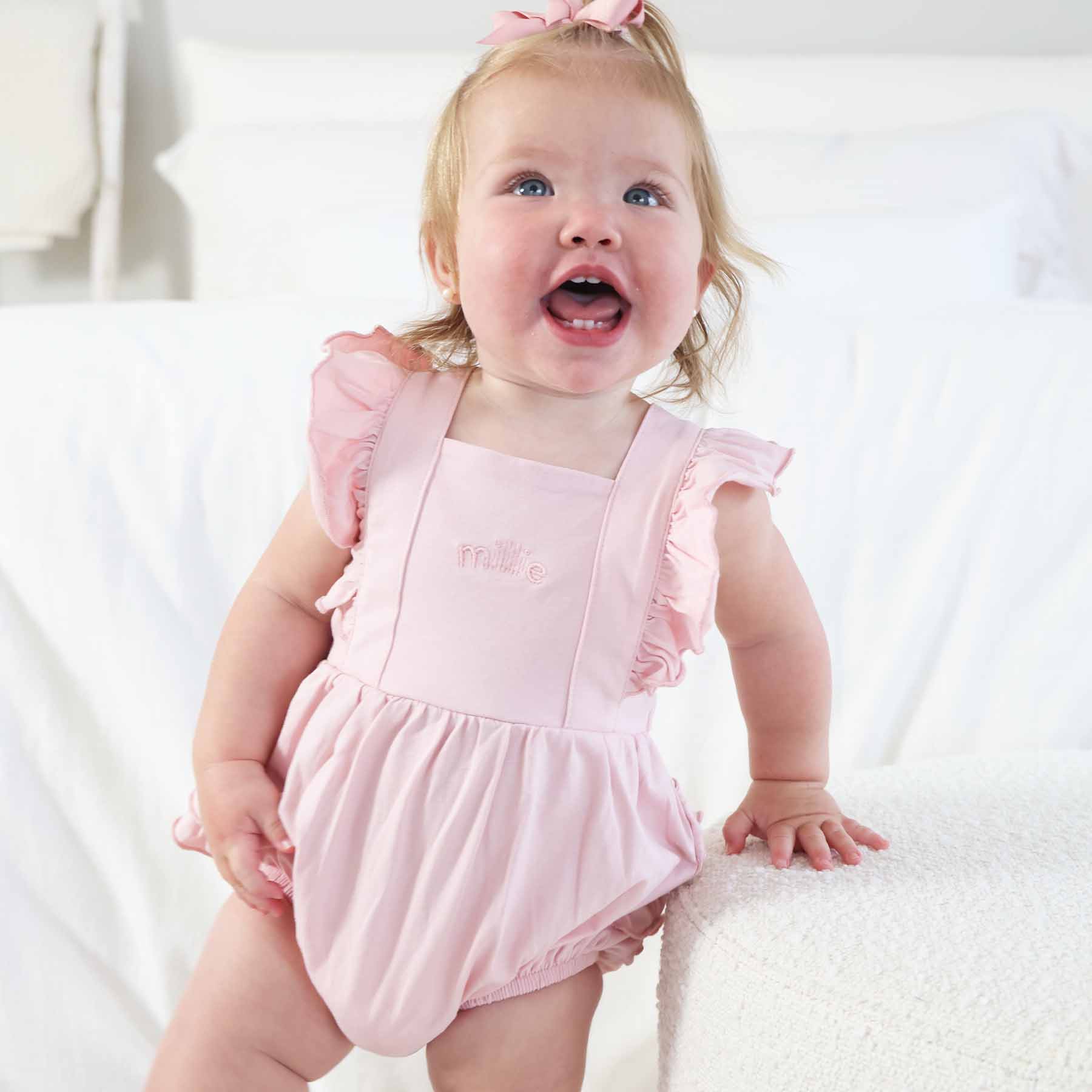 Embroidered Cross Back Ruffle Bubble Romper - Image 7