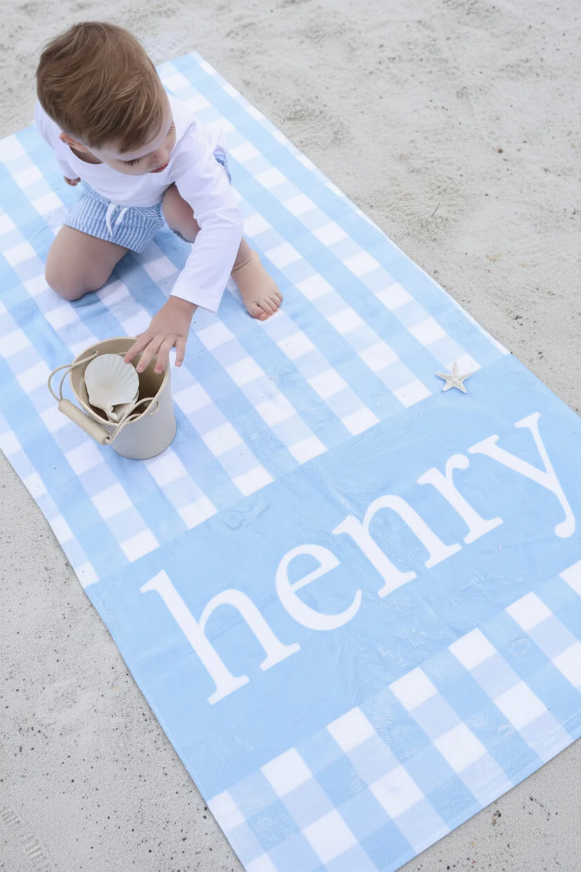 Personalized Kids Beach Towel | Blue Seersucker - Image 5
