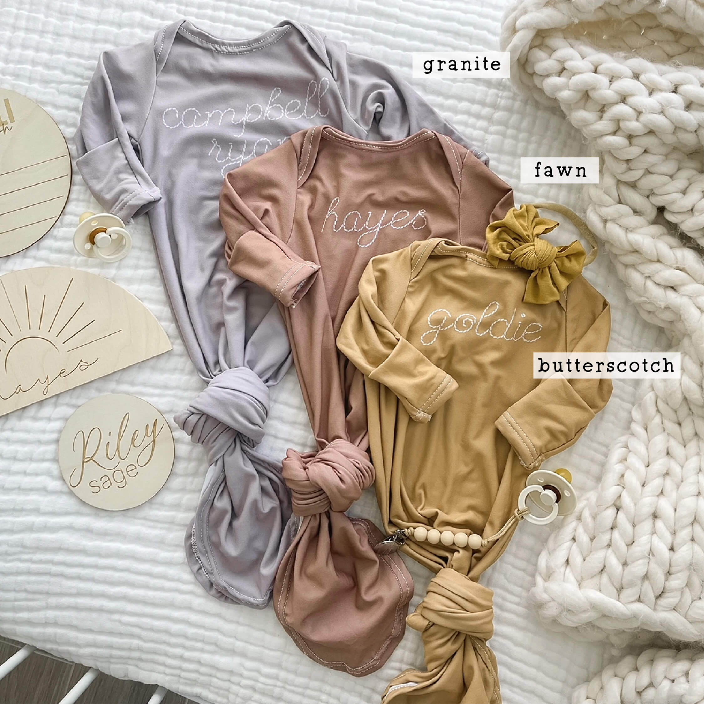 Personalized Stitched Newborn Baby Knot Gown | Warm Neutrals - Image 5
