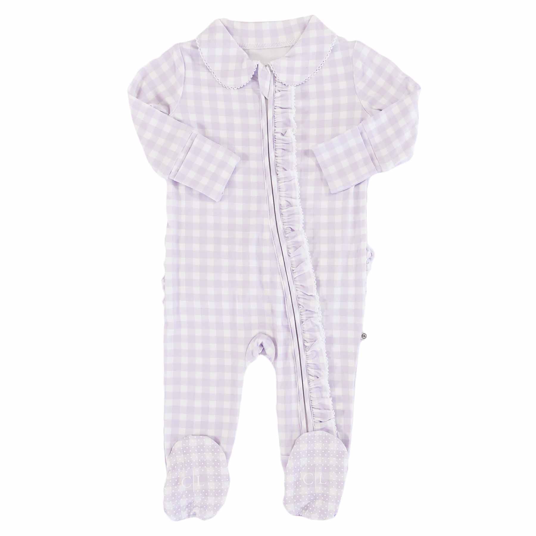 Peter Pan Collar Ruffle Zipper Footie | Lilac Gingham - Image 2