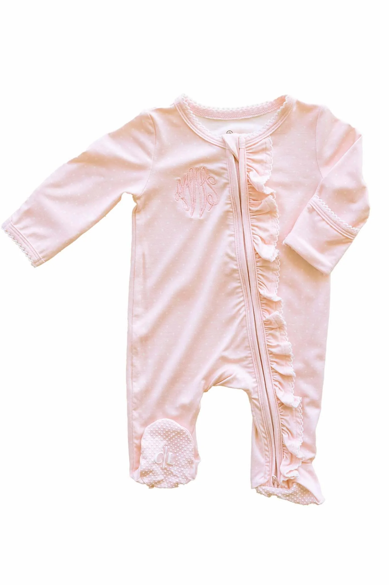 Picot Trim Bamboo Zipper Footie | Baby Pink - Image 3