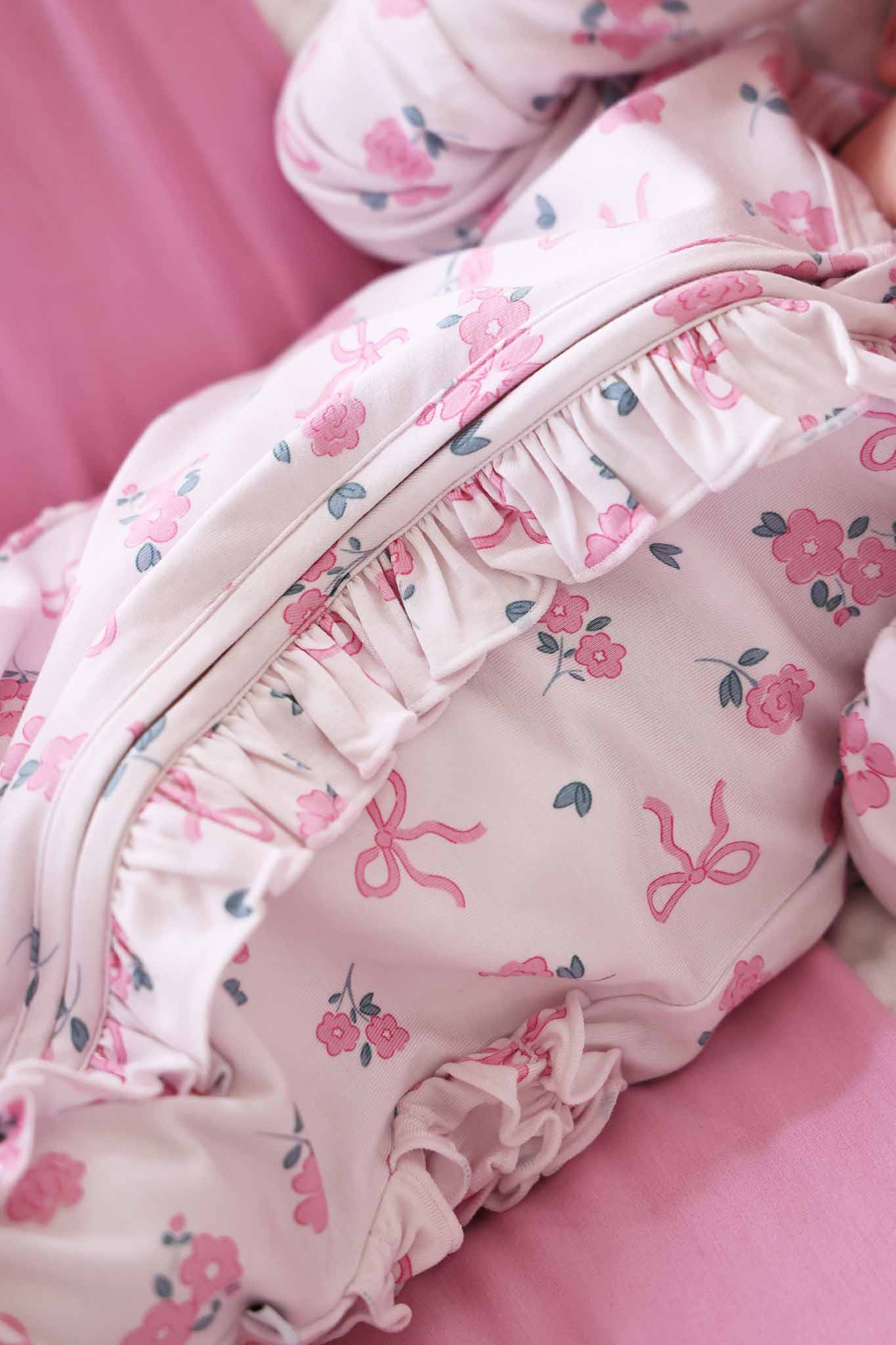 Ribbon & Roses Ruffle Zipper Footie | Pink - Image 2