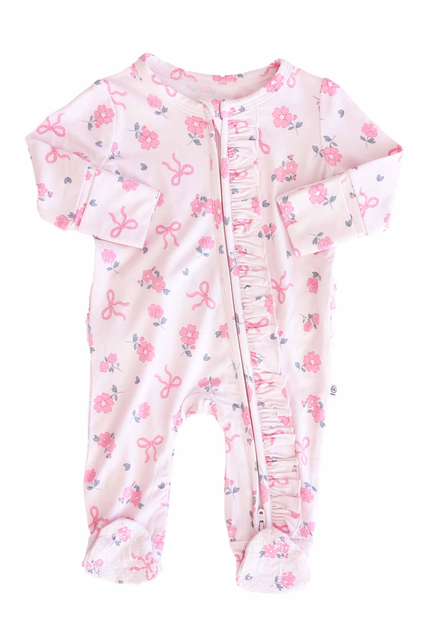 Ribbon & Roses Ruffle Zipper Footie | Pink - Image 3
