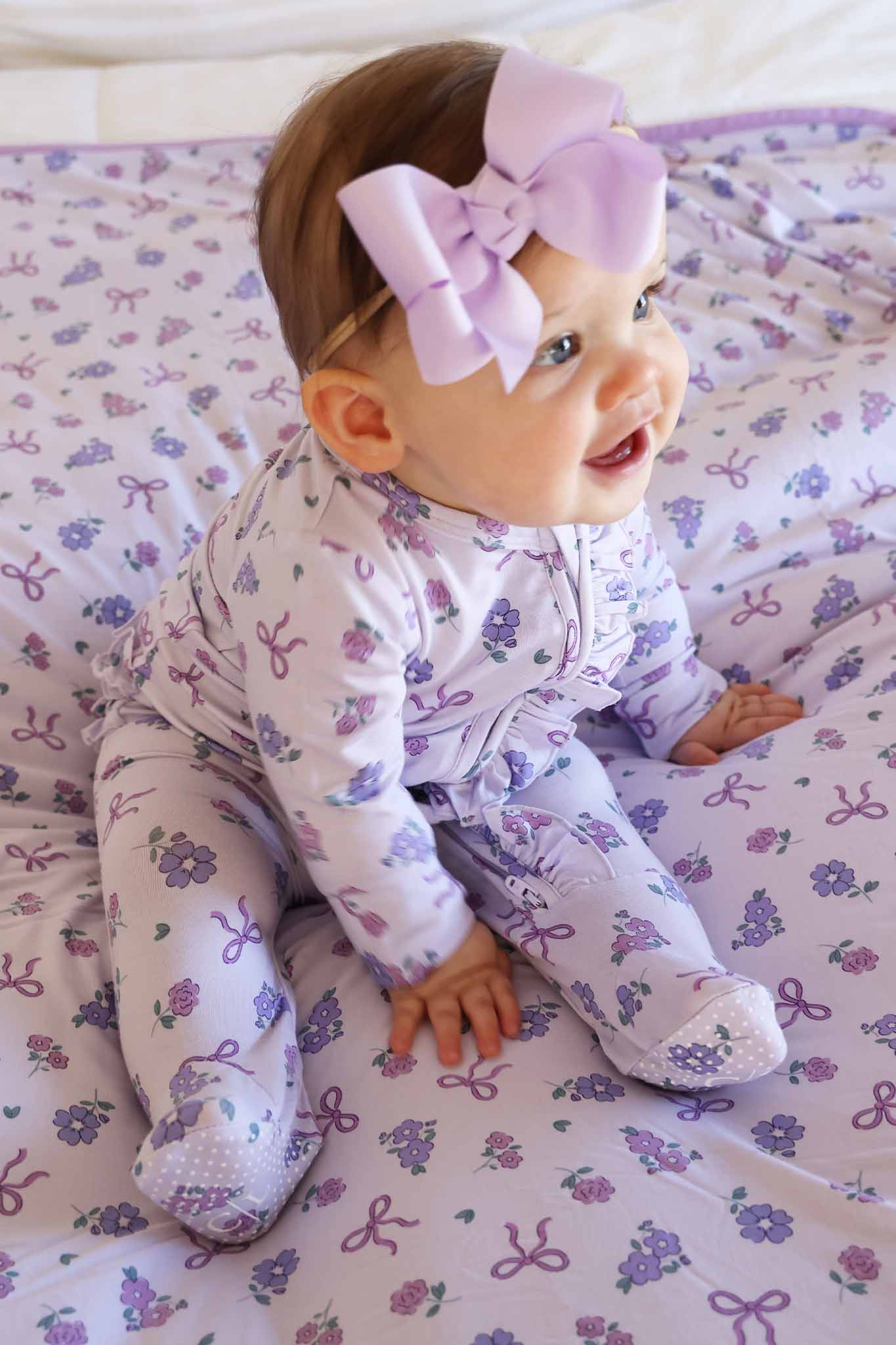 Ribbon & Roses Ruffle Zipper Footie | Purple - Image 10