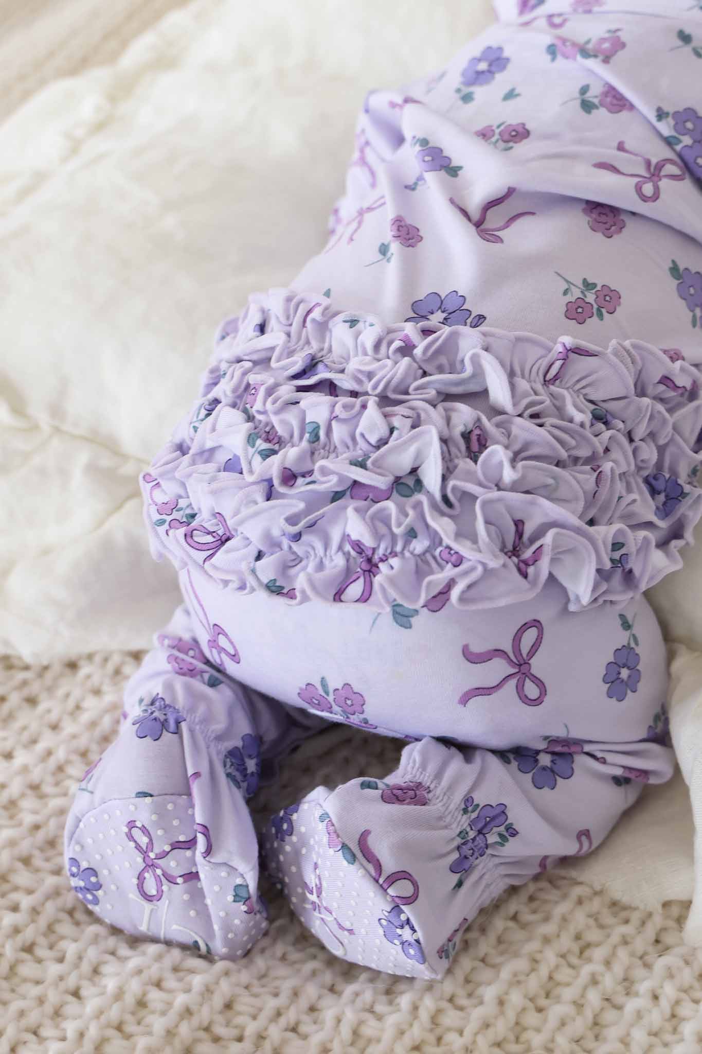 Ribbon & Roses Ruffle Zipper Footie | Purple - Image 11