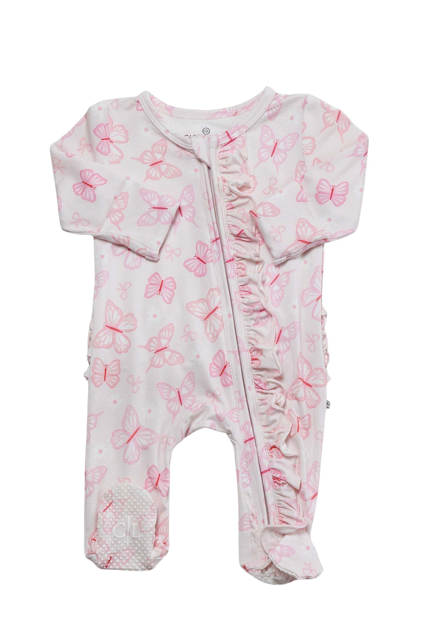 Ruffle Bamboo Zipper Footie | Blooming Butterflies - Image 2