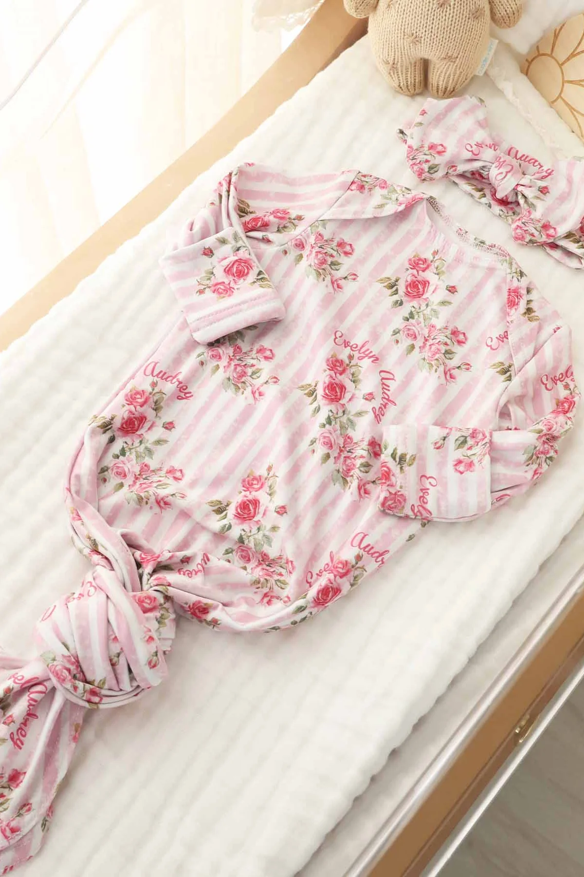 Shabby Chic Personalized Newborn Baby Knot Gown - Image 2