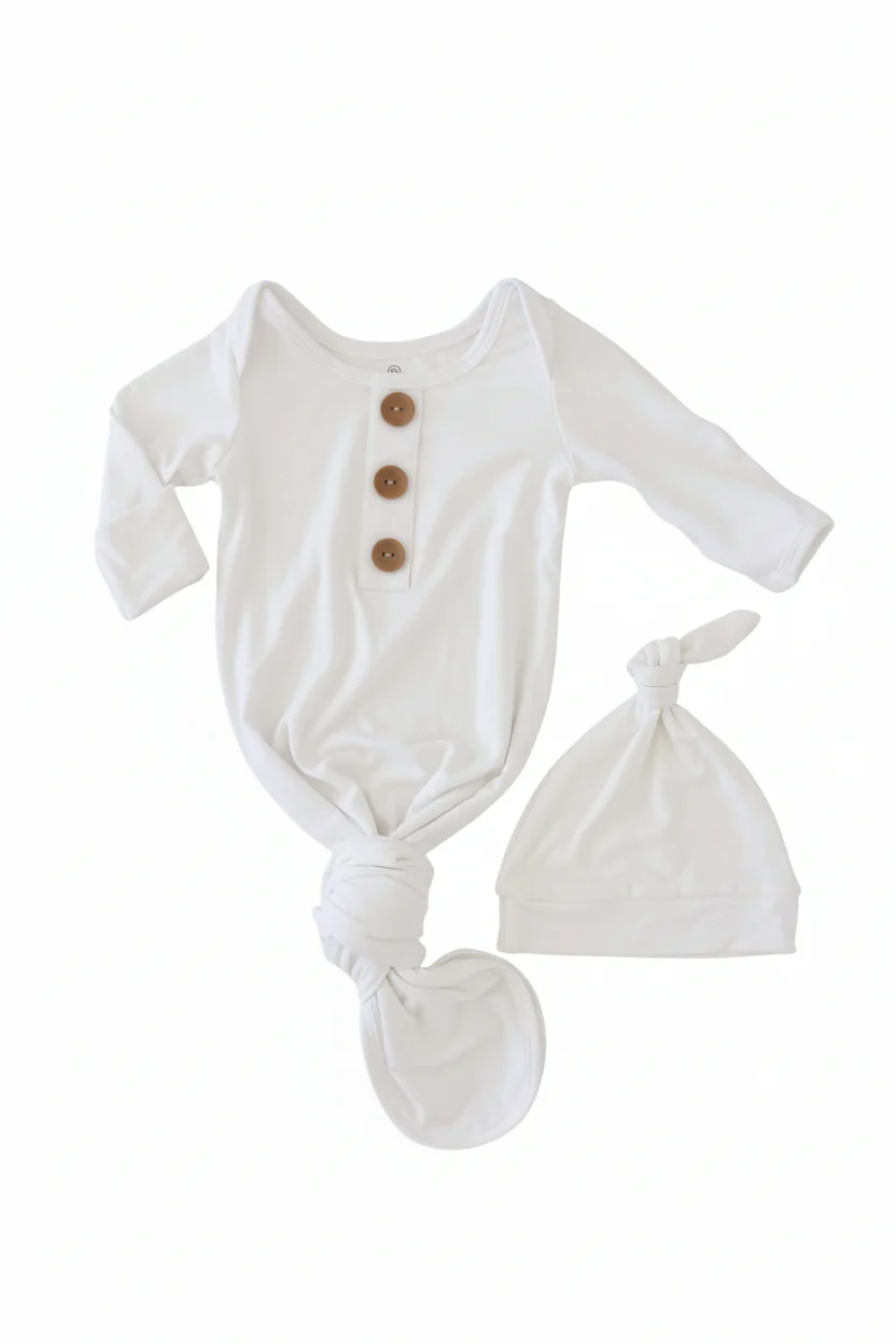 Solid White Bamboo Baby Knot Gown & Hat - Image 3