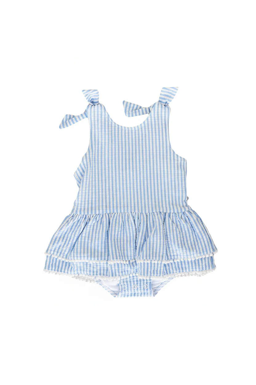 Tiered Skirt with White Pom Trim | Seersucker Blue - Image 10