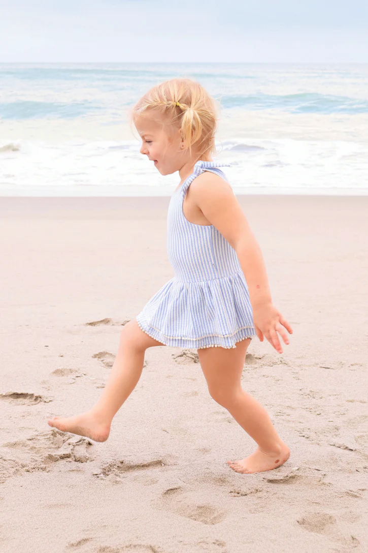 Tiered Skirt with White Pom Trim | Seersucker Blue - Image 11