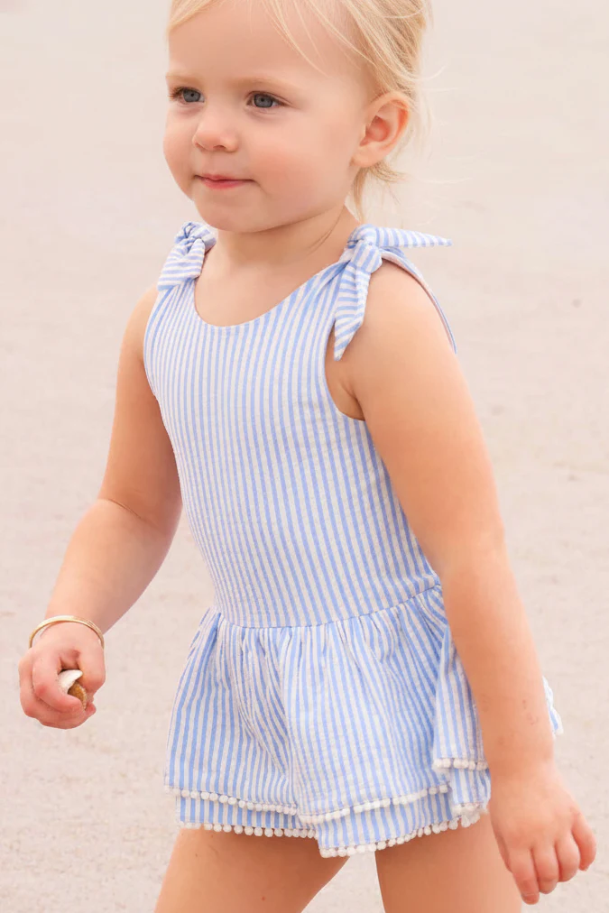 Tiered Skirt with White Pom Trim | Seersucker Blue - Image 12