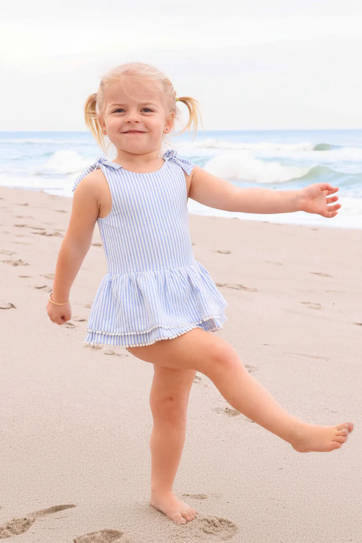Tiered Skirt with White Pom Trim | Seersucker Blue - Image 13