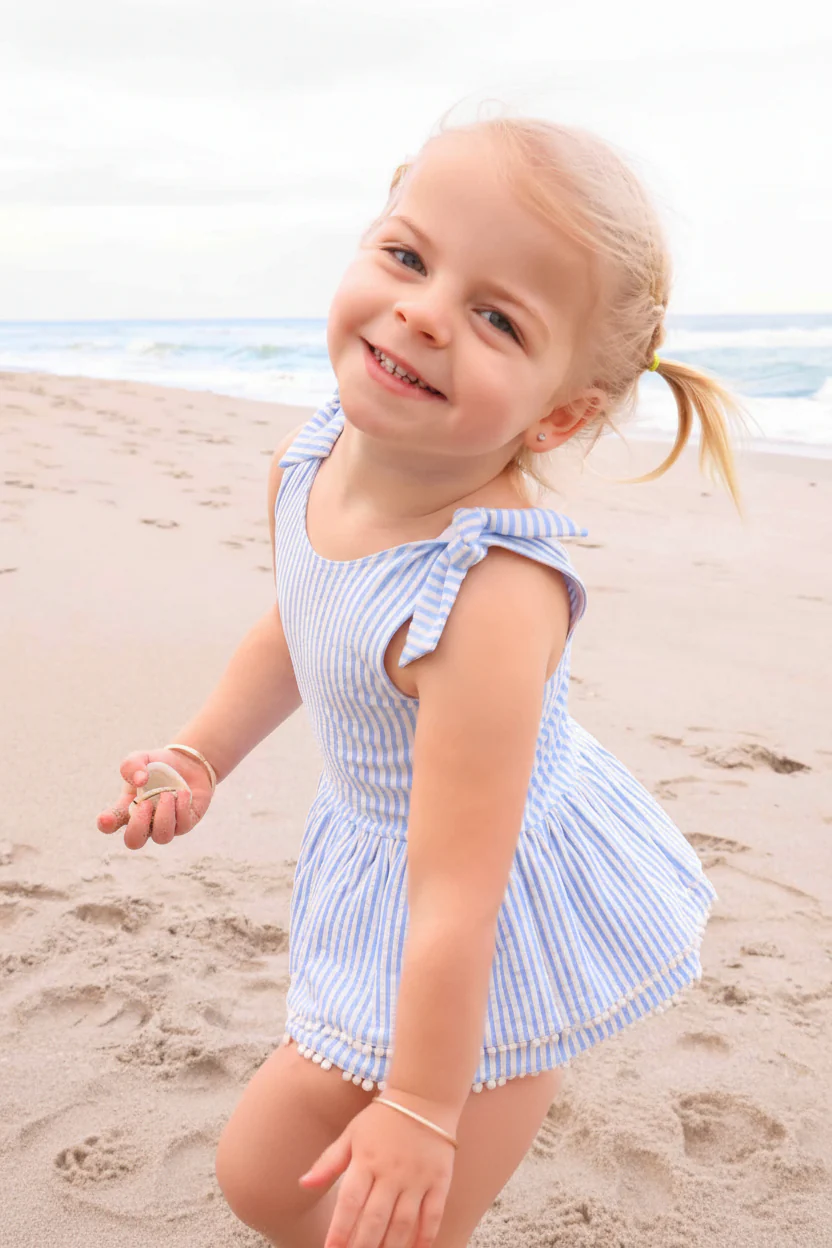 Tiered Skirt with White Pom Trim | Seersucker Blue - Image 15
