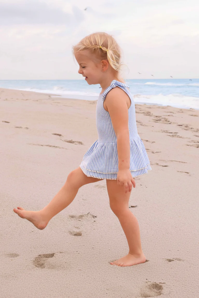 Tiered Skirt with White Pom Trim | Seersucker Blue - Image 16