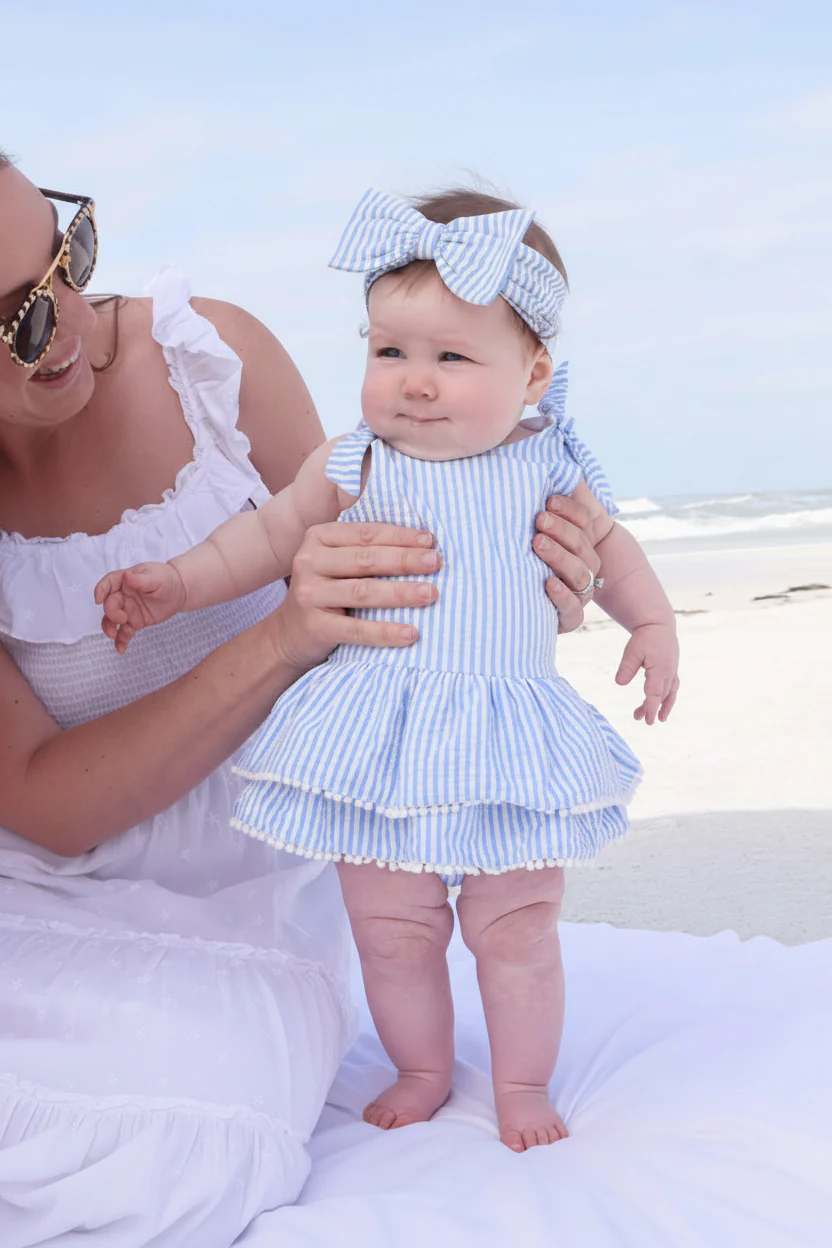 Tiered Skirt with White Pom Trim | Seersucker Blue - Image 18