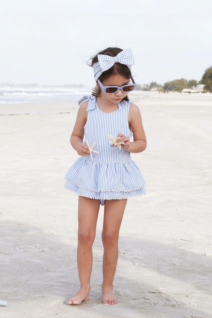 Tiered Skirt with White Pom Trim | Seersucker Blue - Image 19