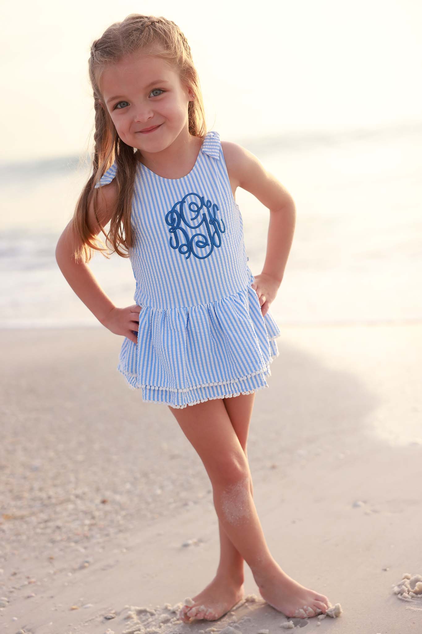 Tiered Skirt with White Pom Trim | Seersucker Blue - Image 4