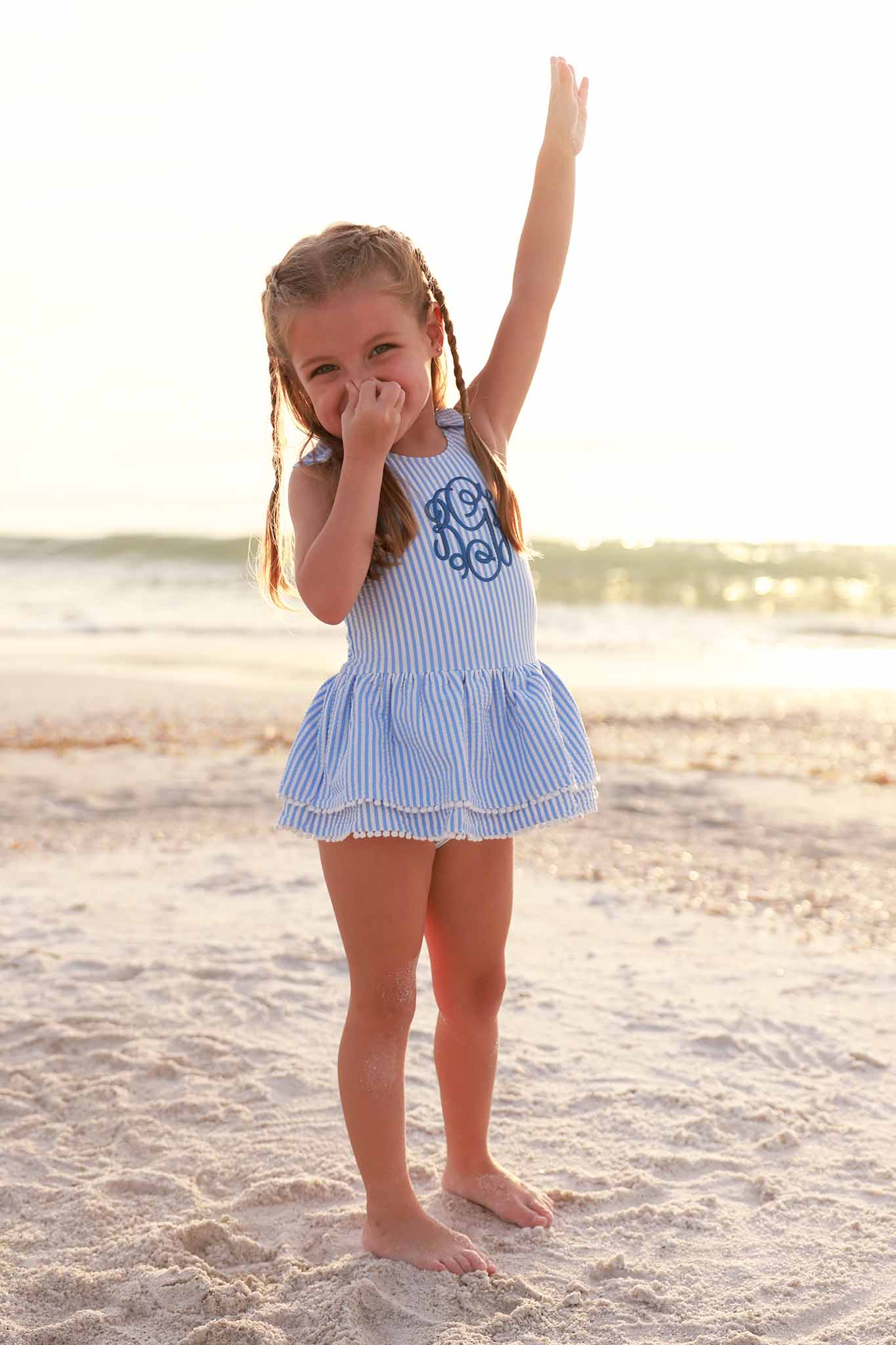 Tiered Skirt with White Pom Trim | Seersucker Blue - Image 5