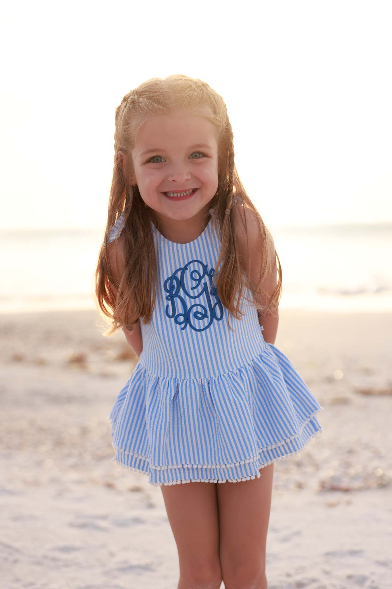 Tiered Skirt with White Pom Trim | Seersucker Blue - Image 6