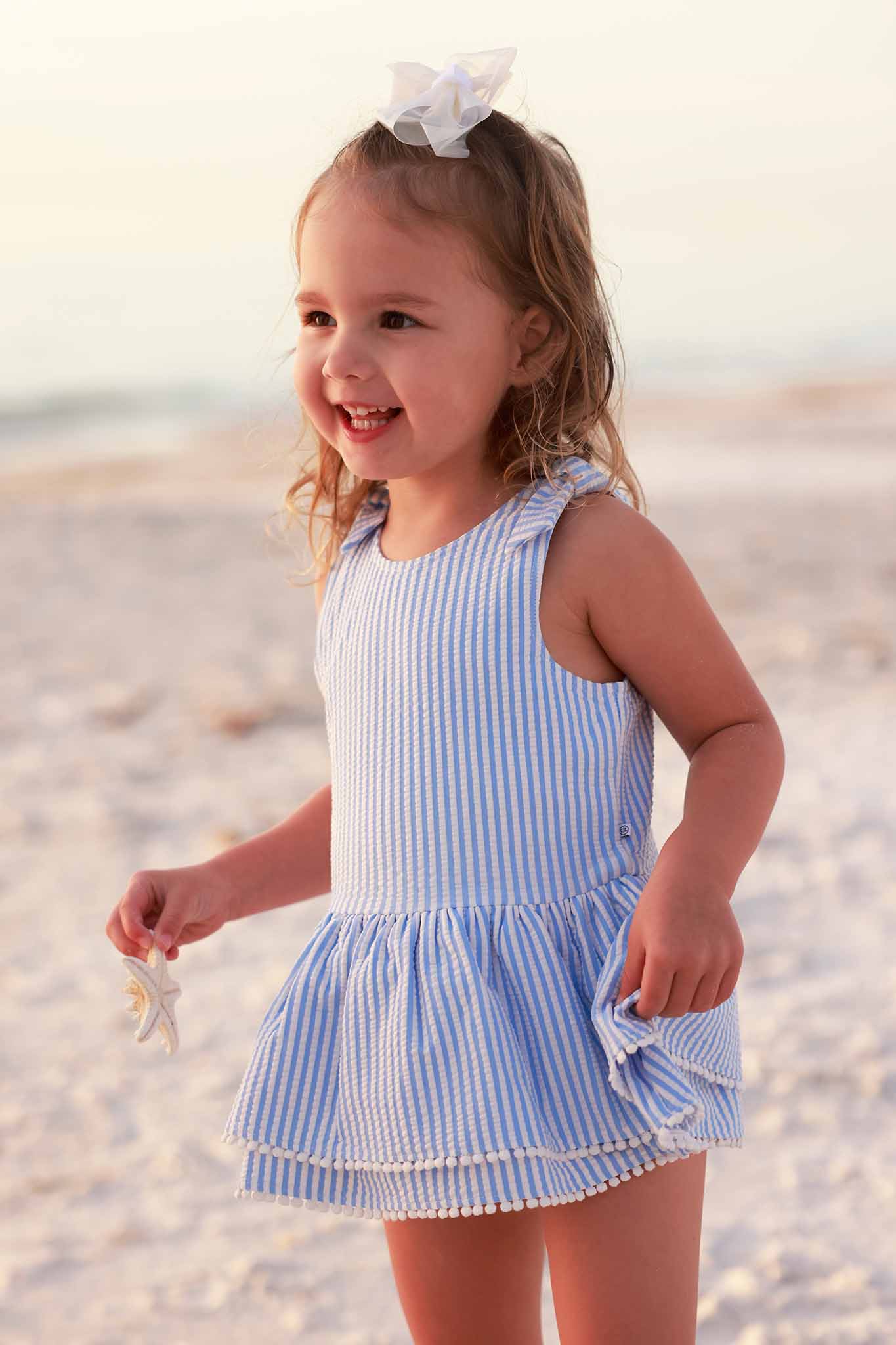 Tiered Skirt with White Pom Trim | Seersucker Blue - Image 9