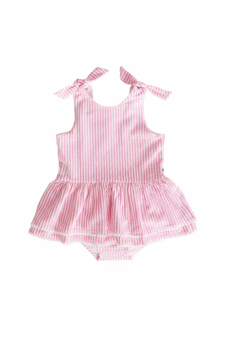 Tiered Skirt with White Pom Trim | Seersucker Dusty Pink - Image 13