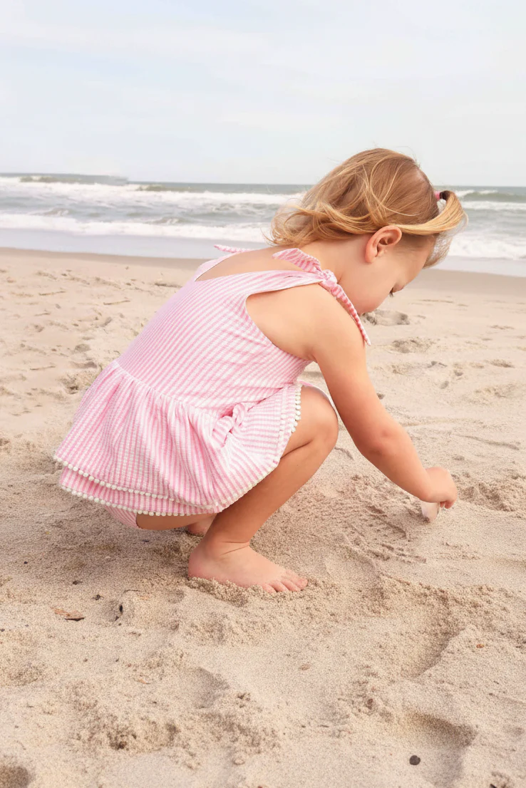 Tiered Skirt with White Pom Trim | Seersucker Dusty Pink - Image 15