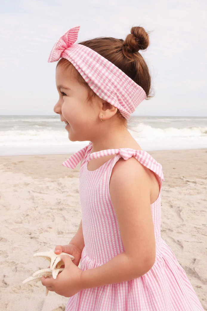 Tiered Skirt with White Pom Trim | Seersucker Dusty Pink - Image 16