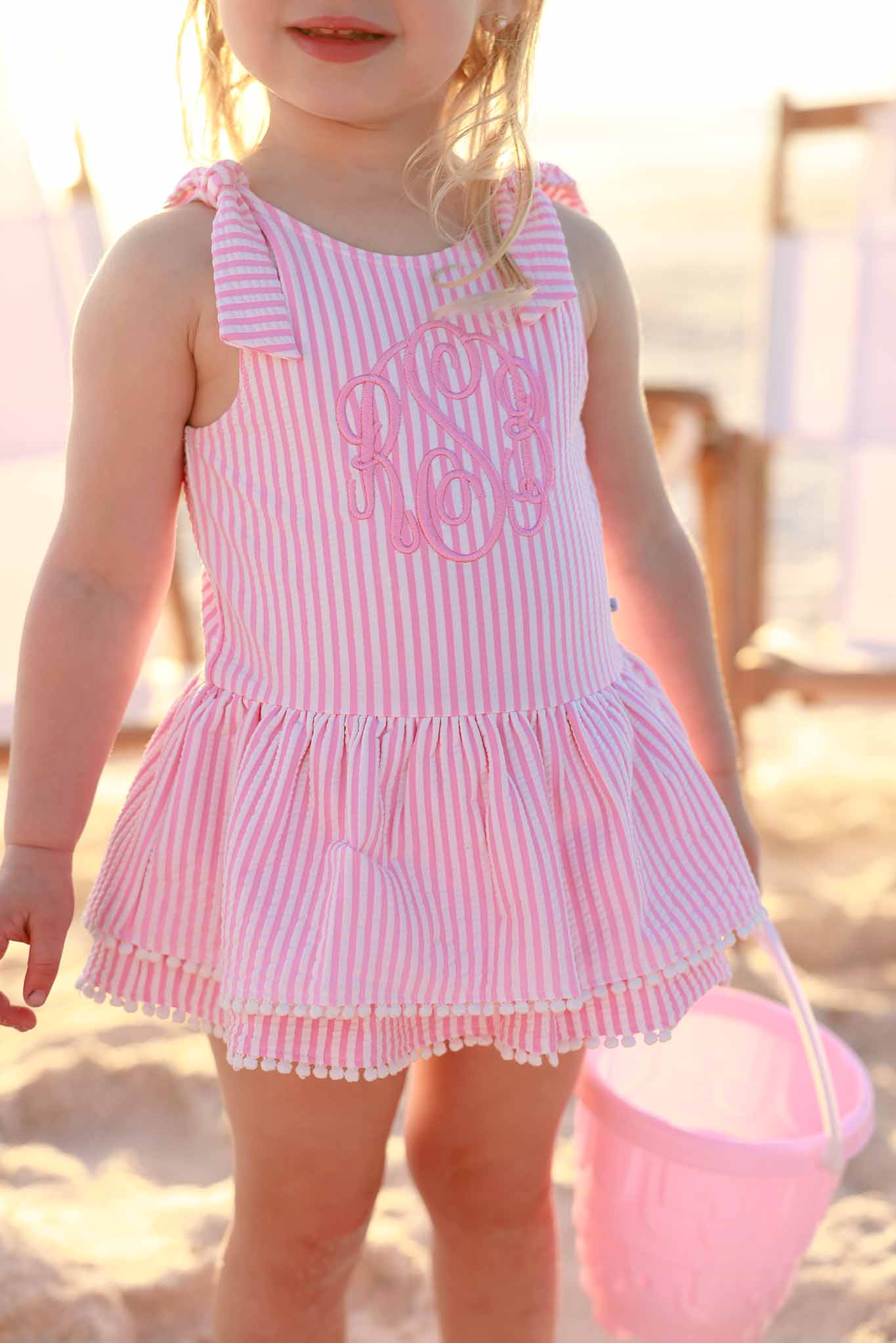 Tiered Skirt with White Pom Trim | Seersucker Dusty Pink - Image 3