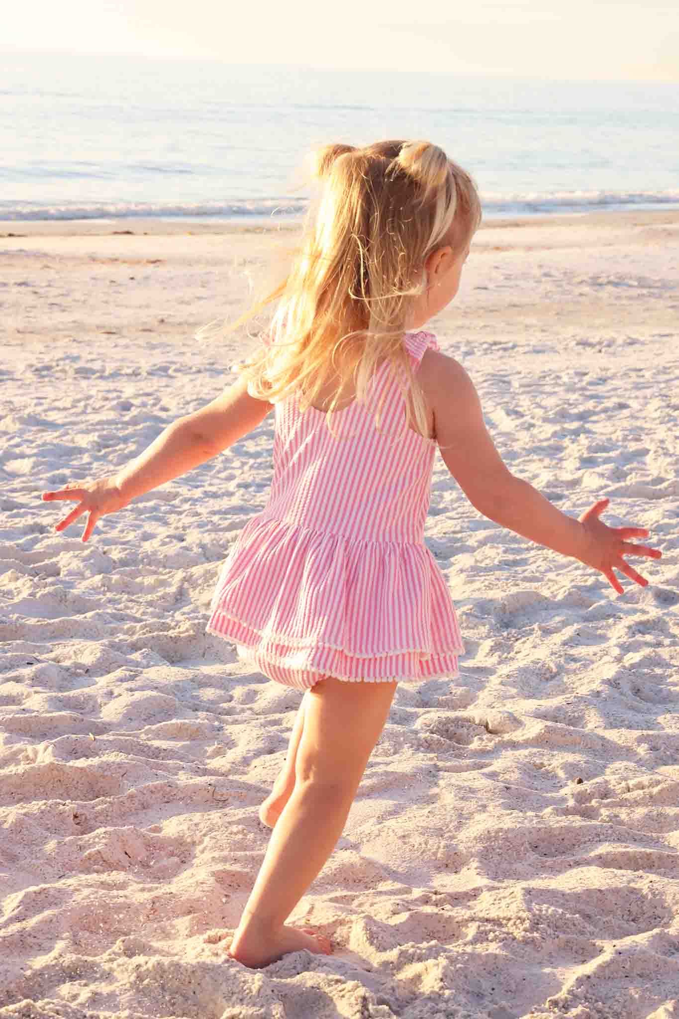 Tiered Skirt with White Pom Trim | Seersucker Dusty Pink - Image 6
