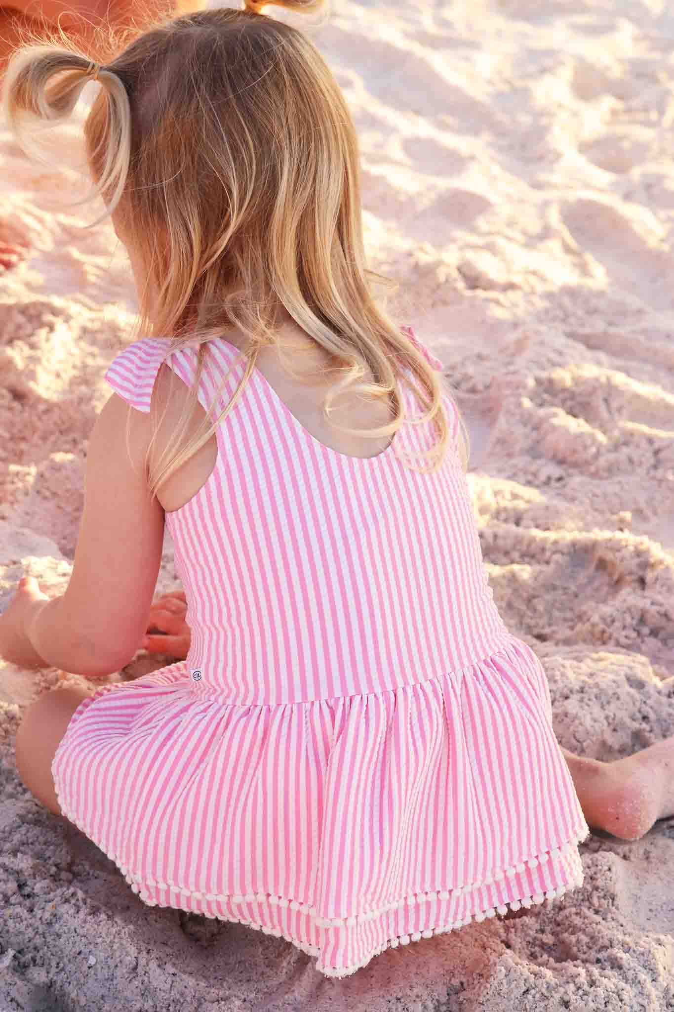 Tiered Skirt with White Pom Trim | Seersucker Dusty Pink - Image 7