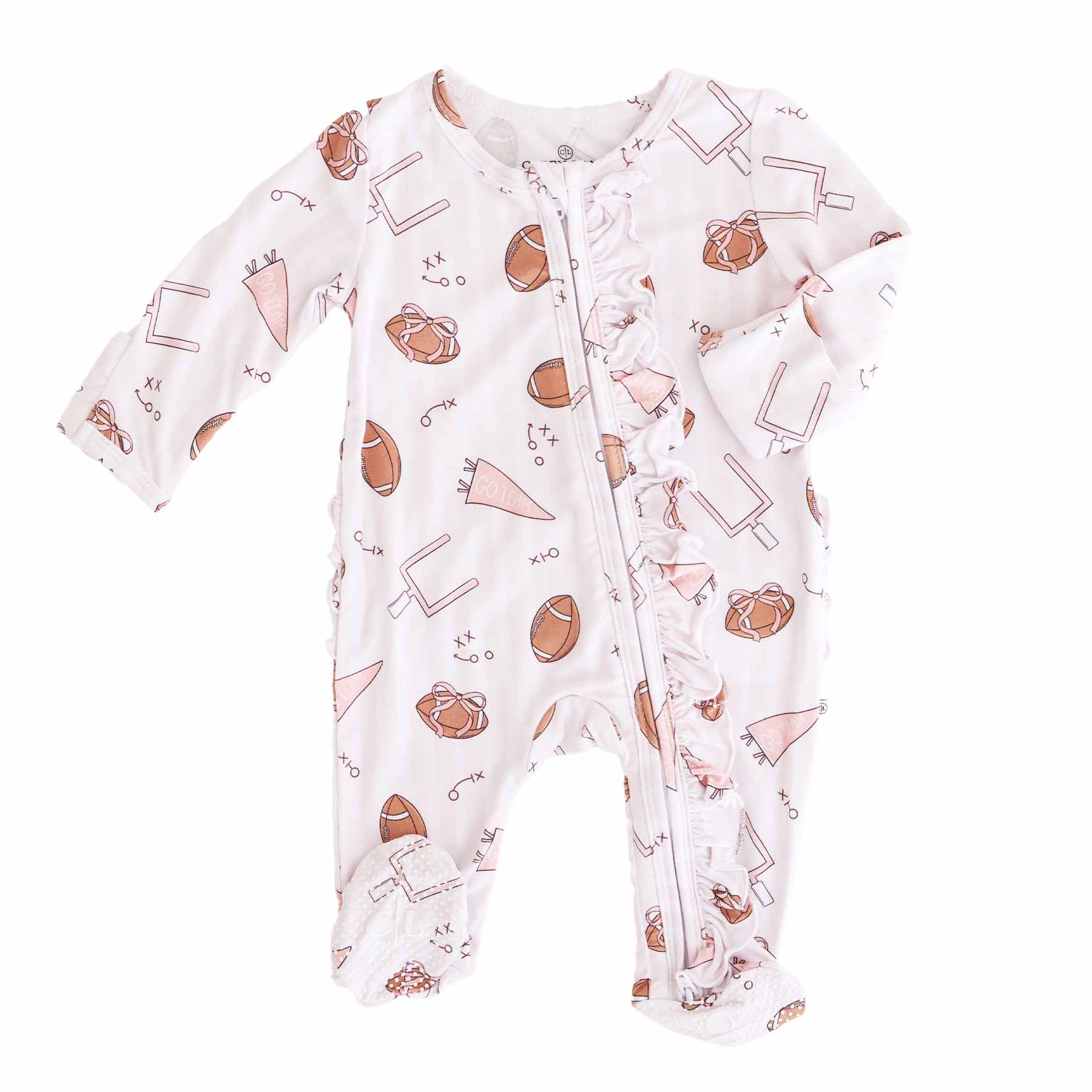 Tiny Touchdowns Ruffle Zipper Footie | Pink - Image 3