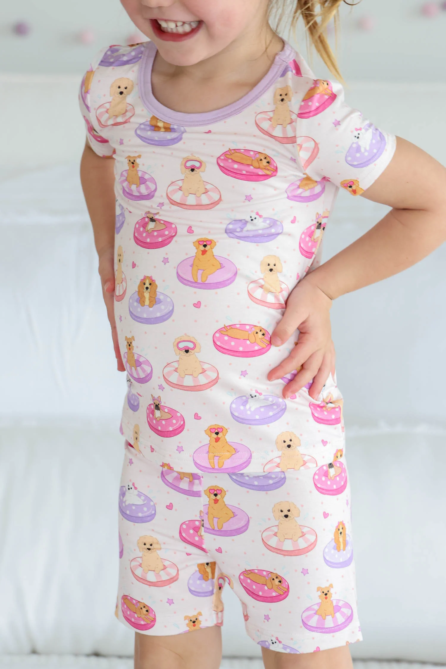 Two Piece Short Pajama Set | Poolside Pups Pink - Image 7