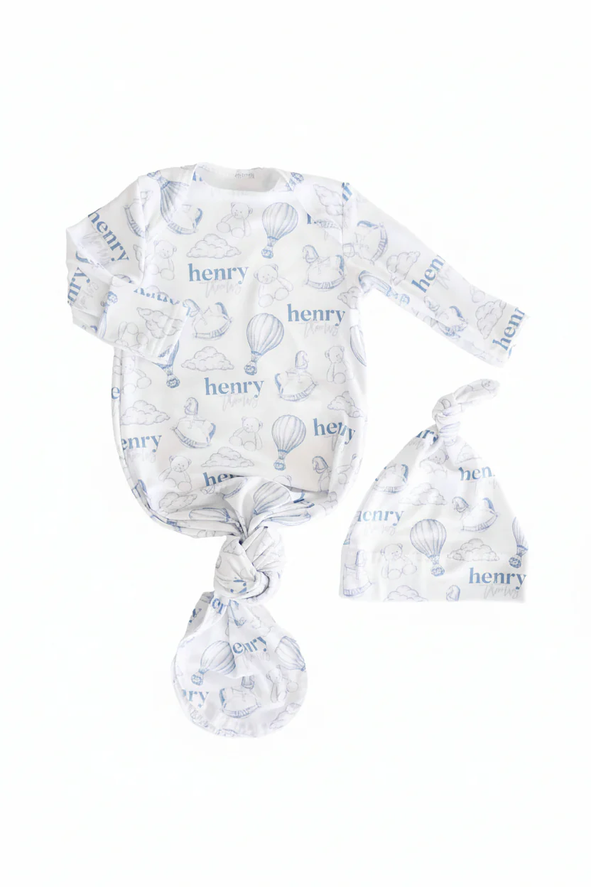 Up In The Clouds Personalized Newborn Baby Knot Gown - Image 3