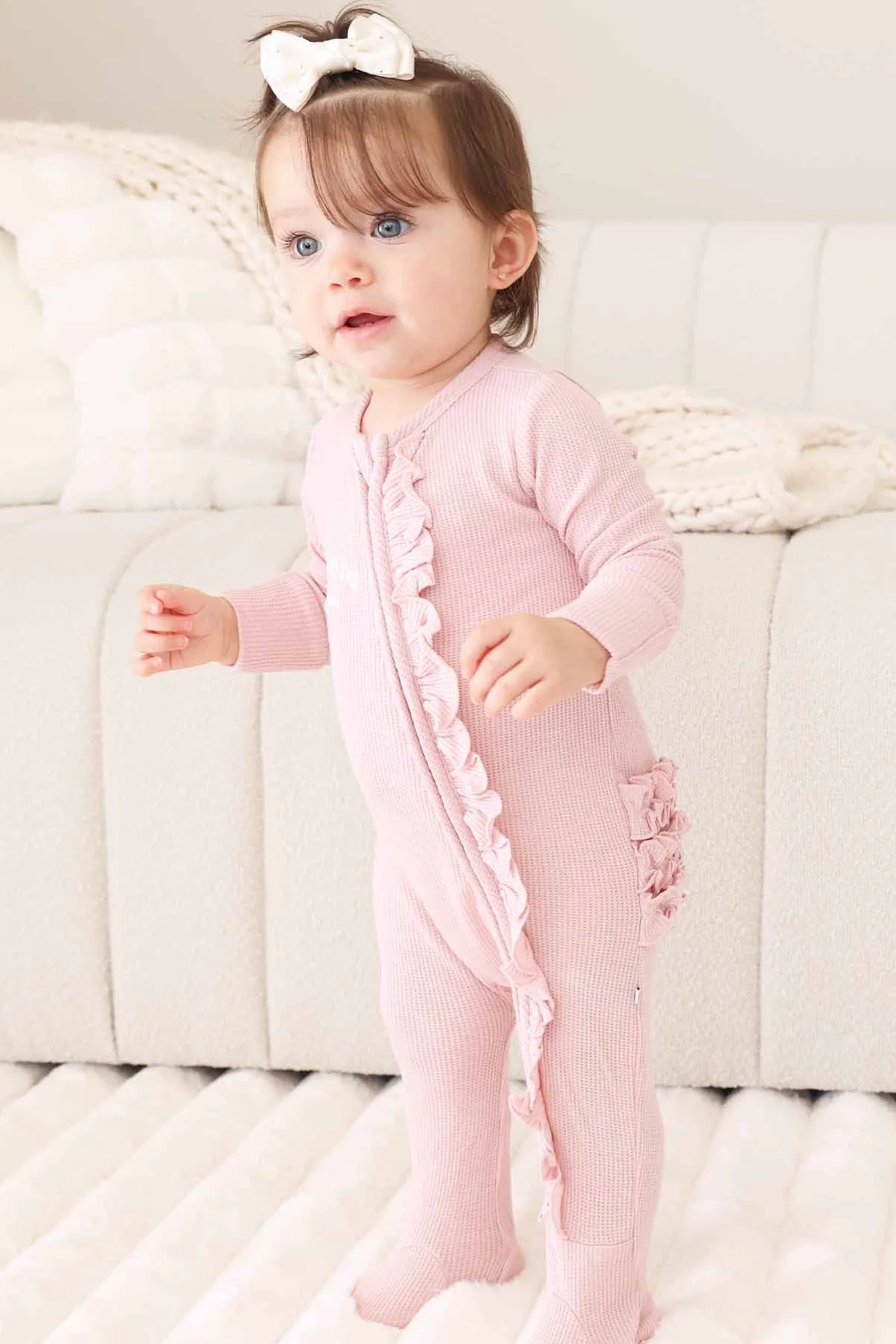 Embroidered Bamboo Waffle Zipper Ruffle Footies | In Bloom - Image 23